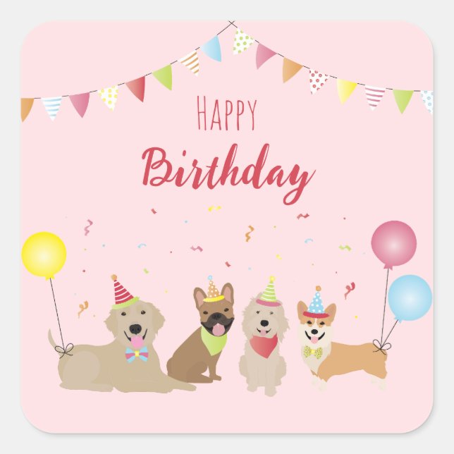 Happy Birthday Dog Party Square Sticker (Front)