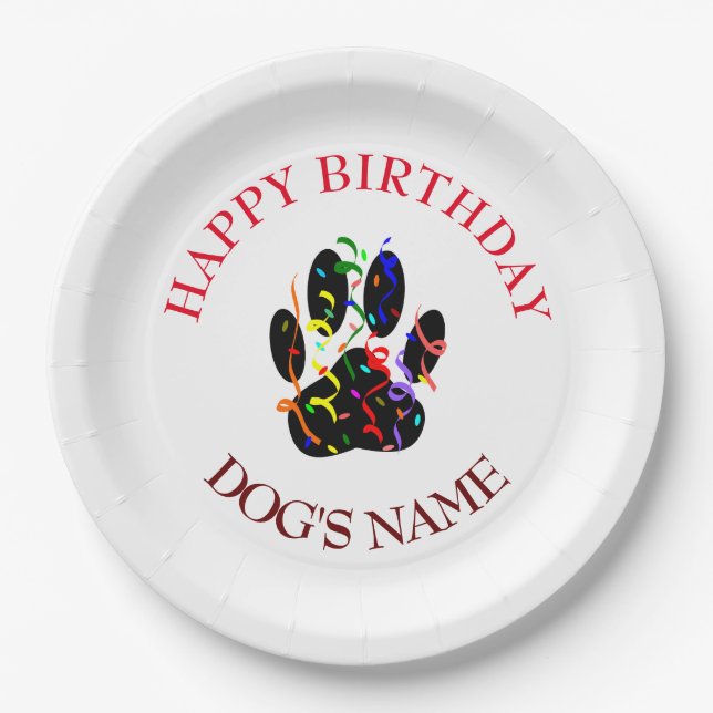 Happy Birthday Dog Paw Confetti Paper Plate (Front)