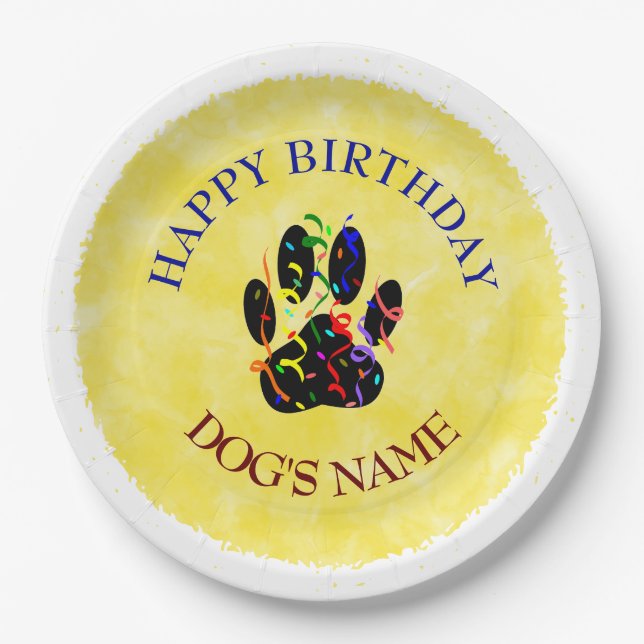 Happy Birthday Dog Paw Confetti Paper Plate (Front)