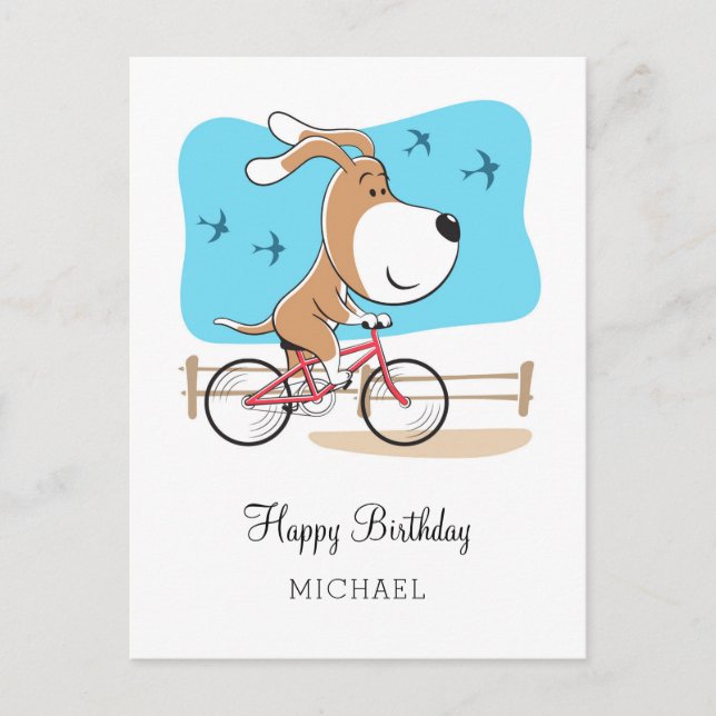 Happy Birthday Dog Puppy Biking Riding Bicycle Postcard (Front)