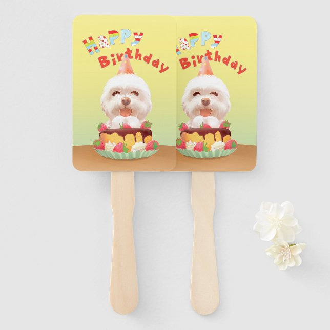 Happy Birthday Dog with Cake Hand Fan (Front and Back)