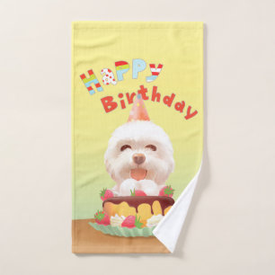 Happy Birthday Dog with Cake Hand Towel