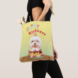 Happy Birthday Dog with Cake Tote Bag