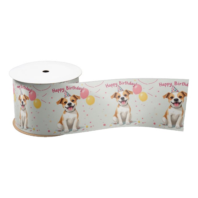 Happy Birthday Dog with Party Hat & Balloons Satin Ribbon (Spool)