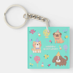 Happy Birthday: Dogs, Balloons & Flowers Key Ring
