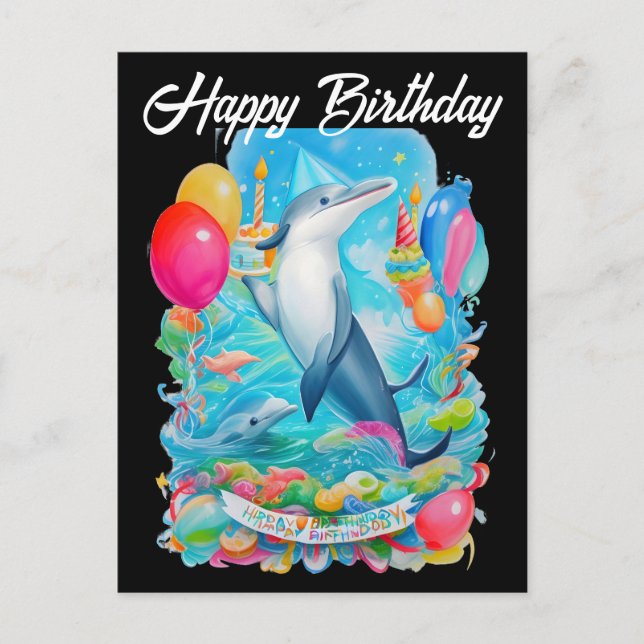 happy birthday dolphin wearing birthday hat postcard (Front)
