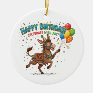 Happy Birthday Donkey Celebration Ceramic Tree Decoration