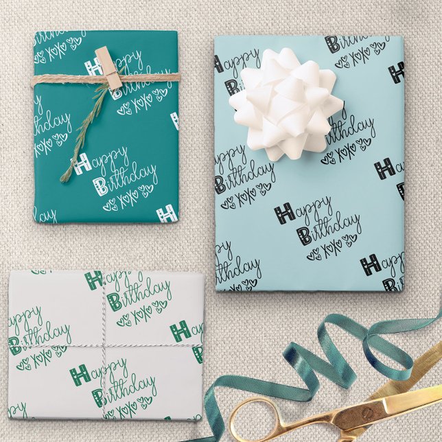 Happy Birthday Doodle Typography Green Set of 3 Wrapping Paper Sheet (Creator Uploaded)