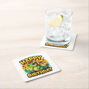 Happy Birthday Dragon Square Paper Coaster