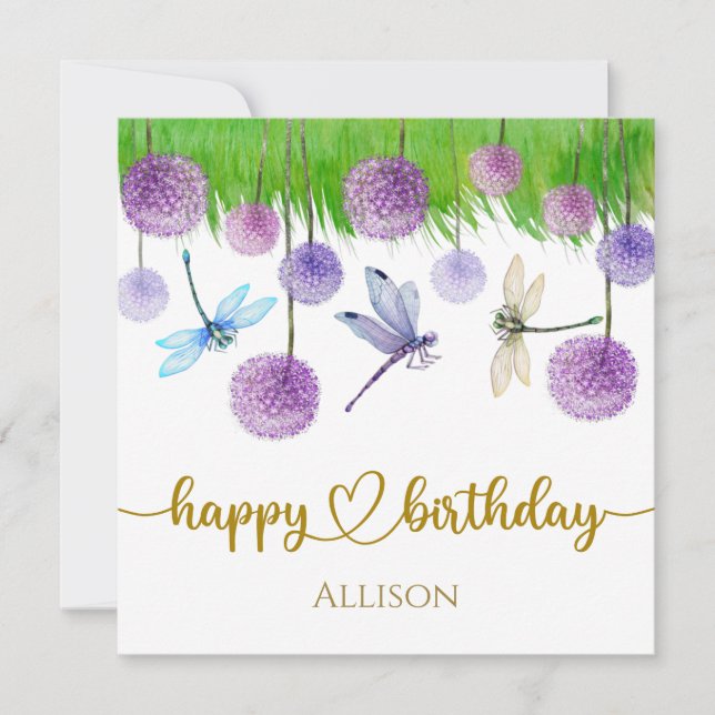 Happy Birthday Dragonflies Wild Flowers Watercolor Card (Front)