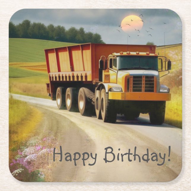 Happy Birthday Dump Truck Square Paper Coaster (Front)