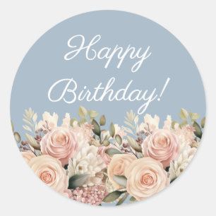 Happy Birthday dusty blue rose pink ivory Classic Round Sticker