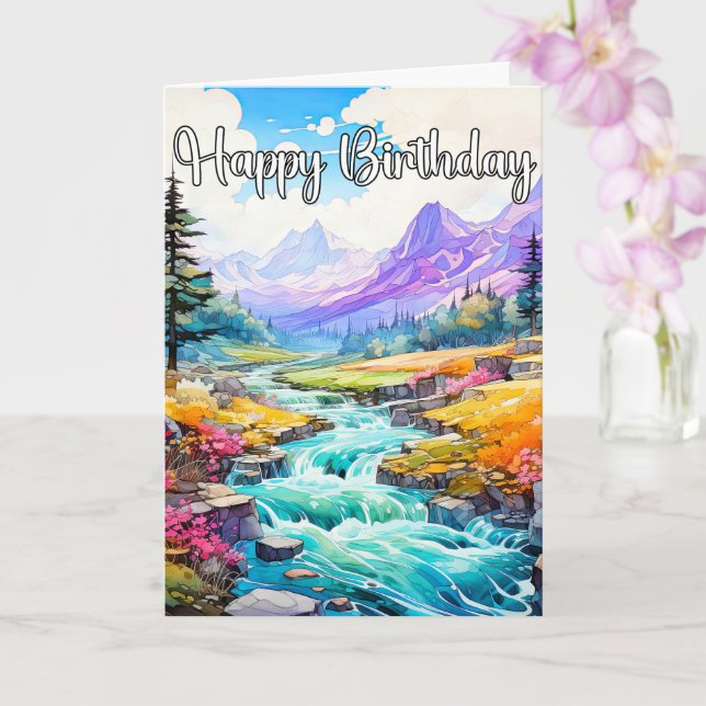 Happy Birthday Early Springtime Outdoors Card (Orchid)