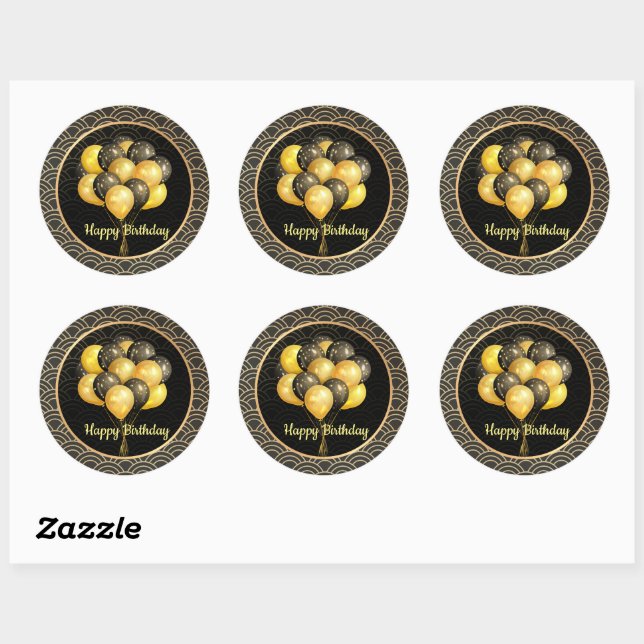 Happy Birthday, elegant black and gold, Classic Round Sticker (Sheet)