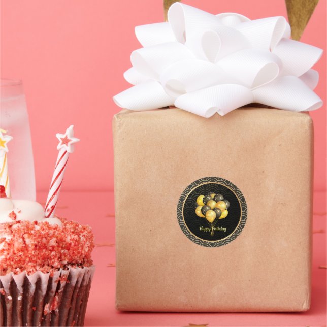 Happy Birthday, elegant black and gold, Classic Round Sticker (Party)