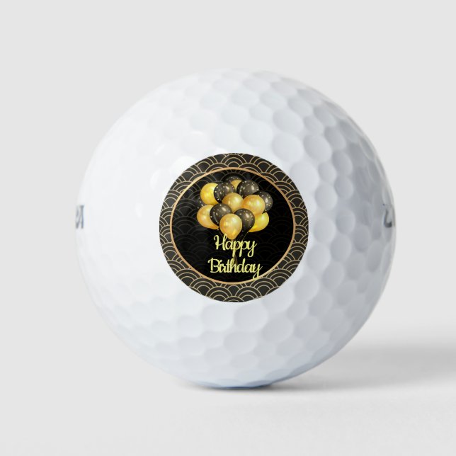 Happy Birthday, elegant black and gold, Golf Balls (Front)