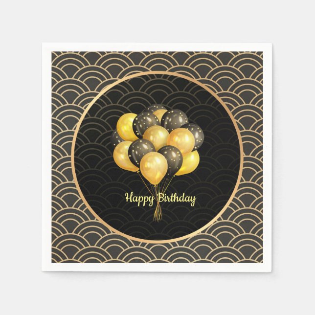 Happy Birthday, elegant black and gold, Napkin (Front)