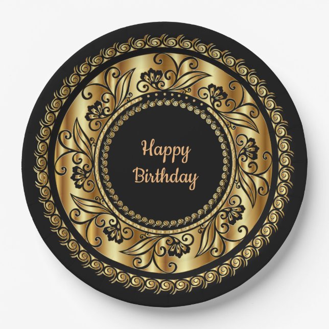 Happy Birthday, elegant black and gold, Paper Plate (Front)
