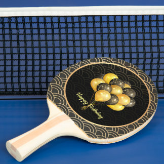 Happy Birthday, elegant black and gold, Ping Pong Paddle