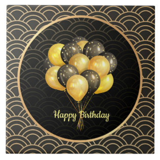 Happy Birthday, elegant black and gold, Tile