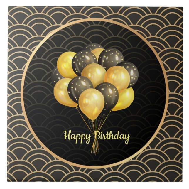 Happy Birthday, elegant black and gold, Tile (Front)