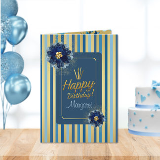 Happy Birthday Elegant Blue Gold Floral Customise  Card