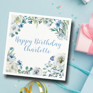 Happy Birthday Elegant Blue White Floral Party Napkin
