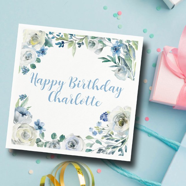 Happy Birthday Elegant Blue White Floral Party Napkin (Creator Uploaded)