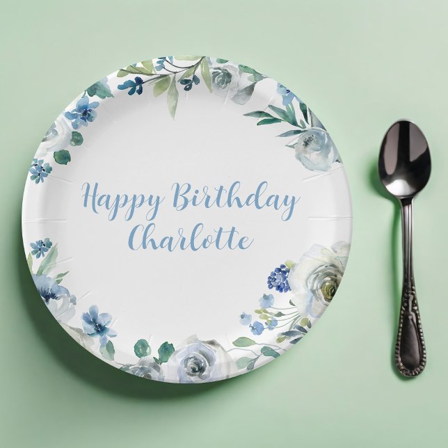 Happy Birthday Elegant Blue White Floral Party Paper Plate (Creator Uploaded)