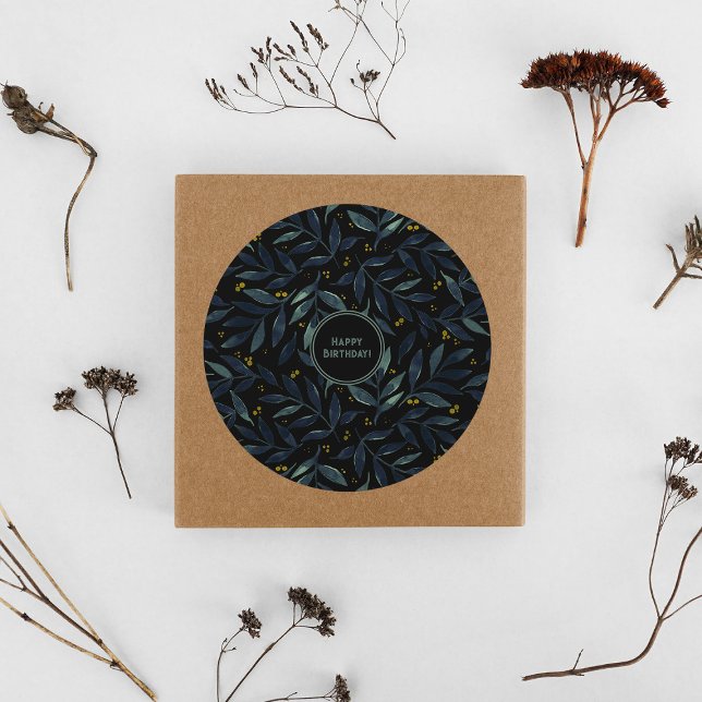 Happy birthday elegant floral branches classic round sticker (Creator Uploaded)