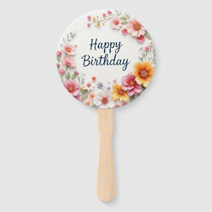 Happy Birthday Elegant Floral Wreath Hand Fan
