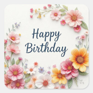 Happy Birthday Elegant Floral Wreath Square Sticker