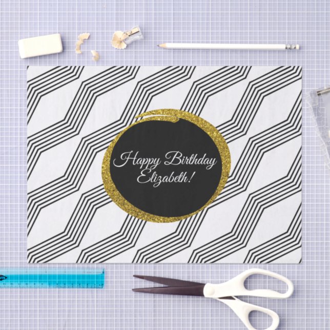 Happy Birthday Elegant Gold Glitter Black White Tissue Paper (Craft)