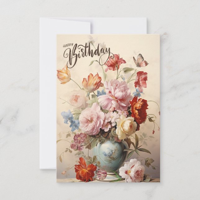 Happy Birthday Elegant Victorian Flowers  Card (Front)