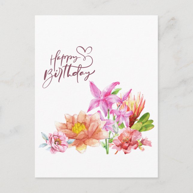 Happy Birthday Elegant Watercolor Floral Postcard (Front)