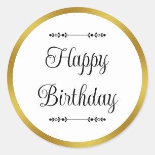 Happy Birthday Elegant White and Gold Border Classic Round Sticker