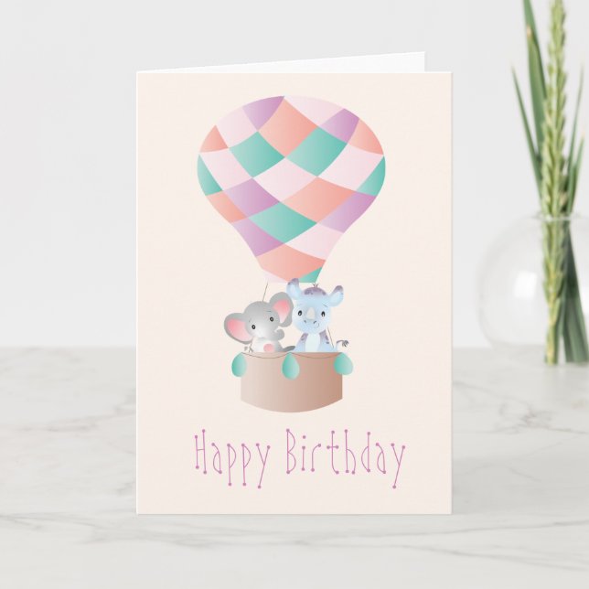 Happy Birthday Elephant Rhinoceros Hot Air Balloon Card (Front)