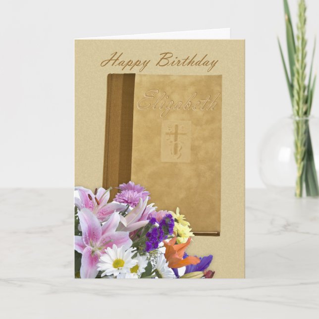 Happy Birthday Elizabeth, Prayer Book and flowers Card (Front)