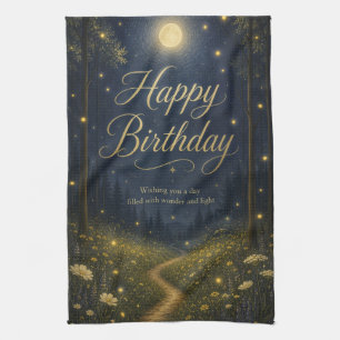 Happy Birthday Enchanted Forest Moonlit Firefly Tea Towel