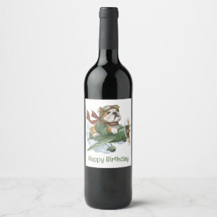 Happy Birthday English Bulldog Pilot Aeroplane Wine Label