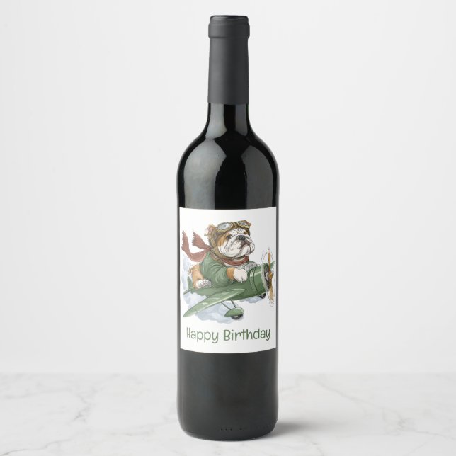 Happy Birthday English Bulldog Pilot Aeroplane Wine Label (Front)