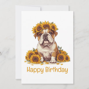 Happy Birthday English Bulldog Sunflower Crown Card