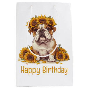 Happy Birthday English Bulldog Sunflower Crown Medium Gift Bag