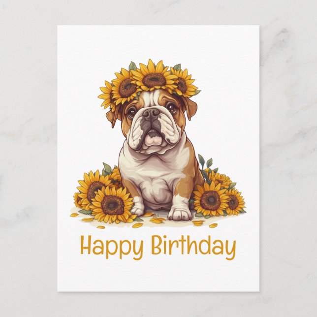 Happy Birthday English Bulldog Sunflower Crown Postcard (Front)
