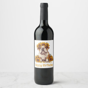Happy Birthday English Bulldog Sunflower Crown Wine Label