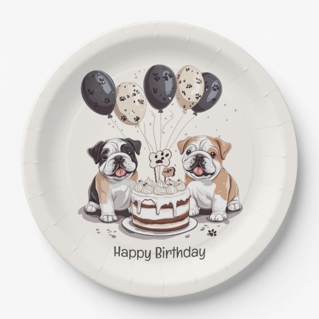 Happy Birthday English Bulldogs Paper Plate (Front)