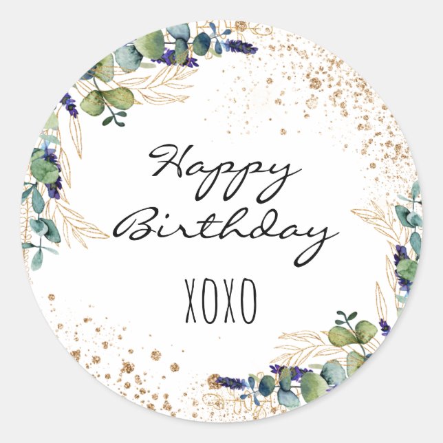 Happy Birthday eucalyptus greenery glitter hugs Classic Round Sticker (Front)