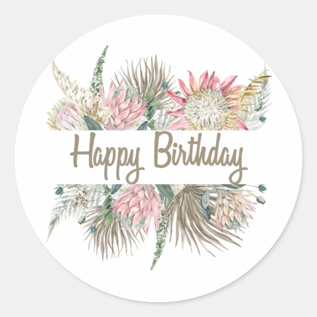 Happy Birthday  Exotic Watercolor Flowers, Leave Classic Round Sticker (Front)