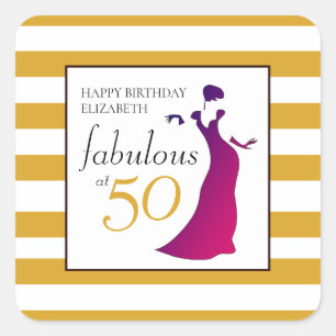 Happy Birthday Fabulous At 50 Gold Pink Square Sticker