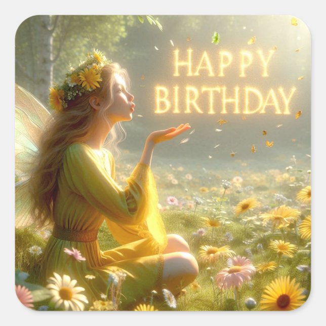 Happy Birthday Fairy Fantasy Magic Square Sticker (Front)